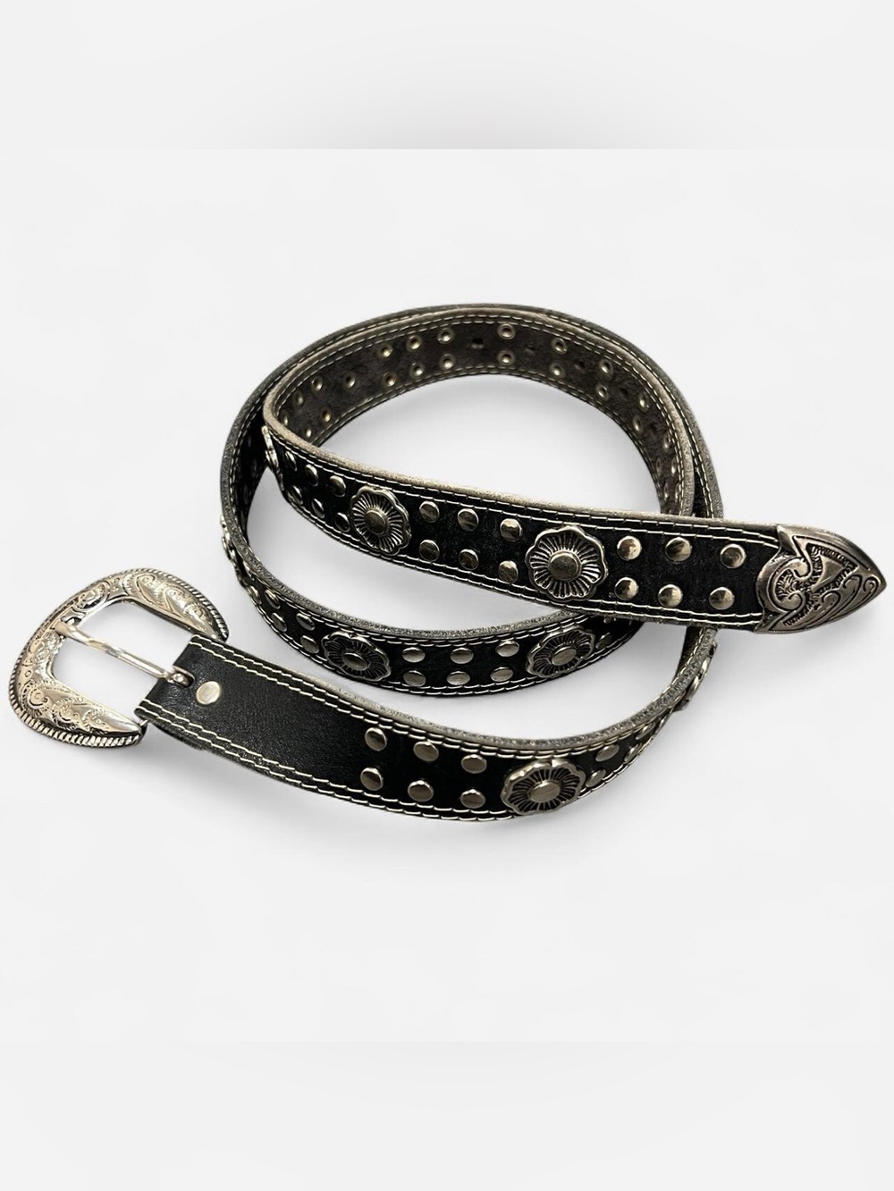 vintage western leather belt with silver studs and flowers